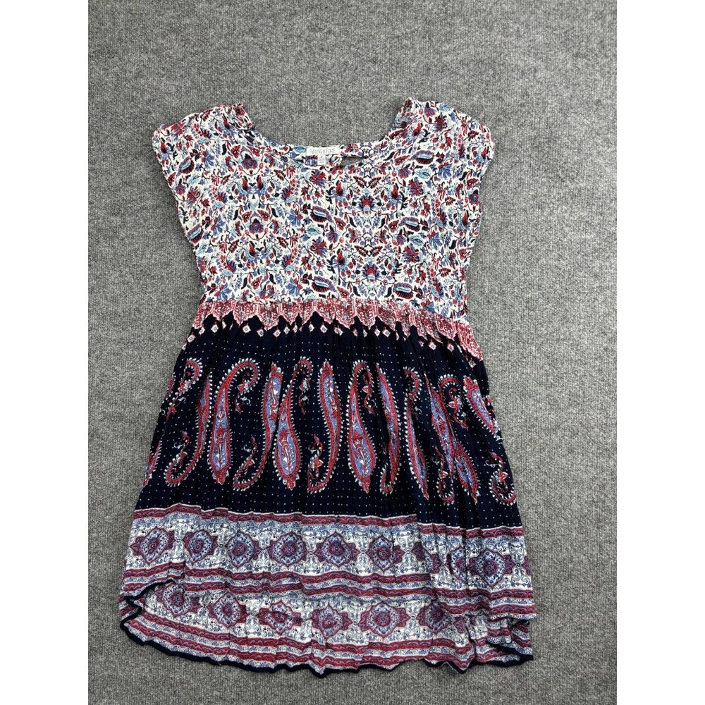 Patrons Of Peace Dress Womens M Blue Paisley Boho Cap‎ Sleeve Rayon Sundress